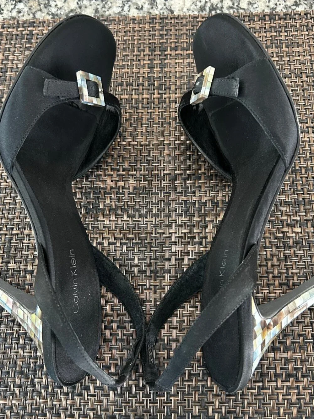 Calvin Klein Black Satin Slingback Sandals with Mosaic Shell Heel - Size 8.5
